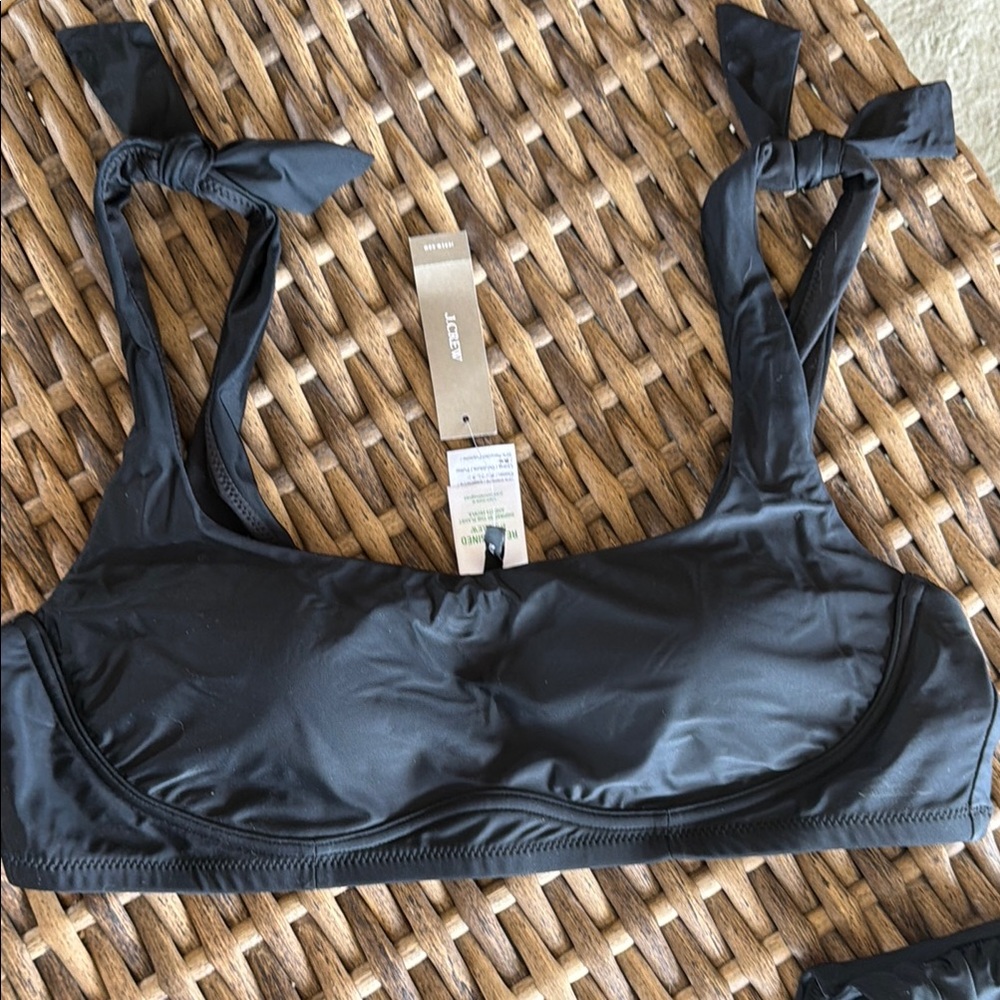J. Crew Black Tie-Shoulder Bikini Top and Tie Front High Waisted Bottoms NWT XL